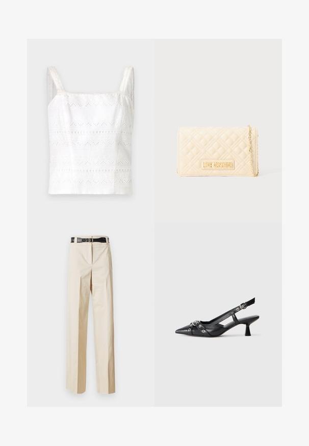 Valkoinen puuvillapaita ohuilla olkaimilla, jossa on brodeerattuja kuvioita ja leikattuja yksityiskohtia. Sileä rakenne, muotoiltu malli.; Beige leveled trousers with a smooth texture and a black belt featuring a crocodile pattern at the waist. Plain design without any additional decorations.; Mustat nahkakengät, joissa on avonainen takaosa ja kärjessä terävä muoto, koristevyöt, joissa on metalliset reiät, sekä matala lohkoepohja. Teksturoitu pinta.; Valkoinen päällystetty nahkainen olkalaukku, jossa on kultaketju ja "LOVE MOSCHINO" -kultainen logolevy etupuolella.
