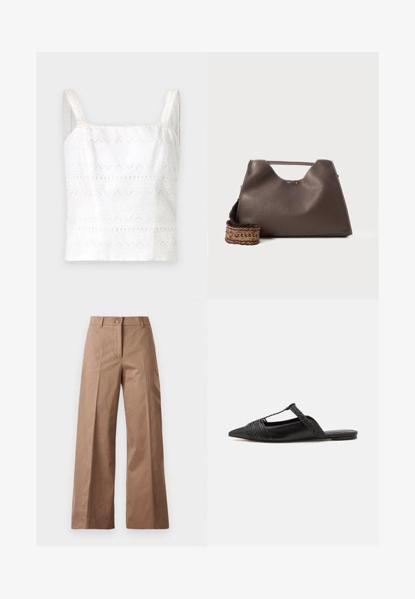 Bela bombažna majica brez rokavov z tankimi naramnicami, okrašena z izvezenimi vzorci in izrezljanimi detajli. Gladka tekstura, prilegajoča zasnova.; Rjave široke hlače iz gladkega materiala, z zapiranjem spredaj na gumb, dvema sprednjima žepoma in čistimi, postavljenimi linijami.; Črne usnjene sandale s priponko, koničastim nosom in tkano dekoracijo ter gubanjem na zgornjem delu. Ravna podplata z minimalno opremo.; Rjava usnjena torba z teksturirano površino, angularno obliko in značilno zgornjo ročico. Vsebuje detajl z vzorčnim tkanim trakom.