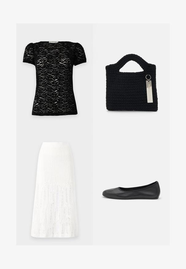 Top corto in pizzo nero con maniche a breve, caratterizzato da un motivo floreale, scollatura rotonda e maniche leggermente gonfie. Texture liscia con una forma aderente.; Gonna midi bianca in maglia con un motivo testurizzato a righe verticali e dettagli a taglio vicino all'orlo. Vita elasticizzata. Materiale morbido.; Pantofole da balletto nere in pelle con punta arrotondata, texture liscia, dettagli di cucitura minimi e design con suola flessibile.; Won Hundred MARSIELLE COMPUTER BAG UNISEX - Borsa porta PC - black