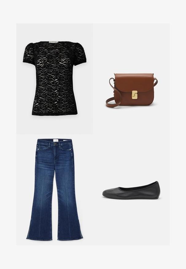 Top corto in pizzo nero con maniche a breve, caratterizzato da un motivo floreale, scollatura rotonda e maniche leggermente gonfie. Texture liscia con una forma aderente.; Jeans a zampa d'elefante blu scuro in denim. Caratterizzati da una vita alta, tasche anteriori e dettagli con spacco all'orlo. Design classico a cinque tasche.; Pantofole da balletto nere in pelle con punta arrotondata, texture liscia, dettagli di cucitura minimi e design con suola flessibile.; Borsa a tracolla in pelle marrone con chiusura a pattina, hardware color oro, tracolla e una finitura liscia. Forma rettangolare compatta.
