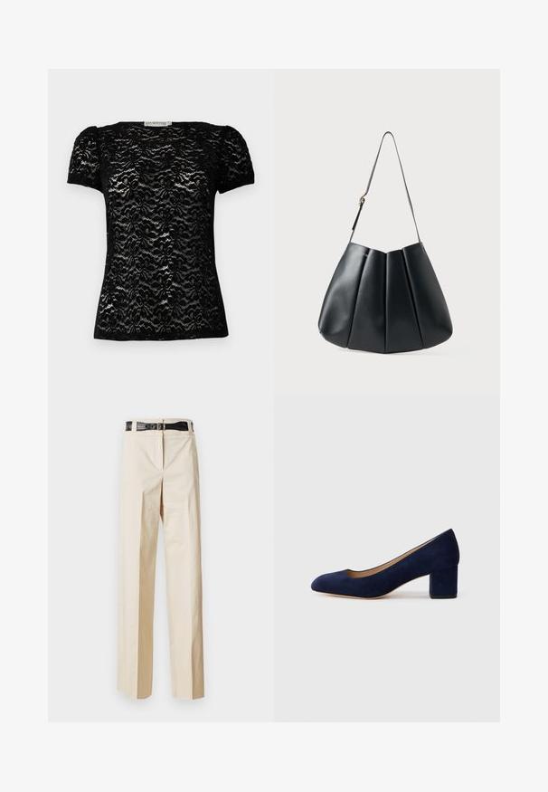 Must have mustra must lisakääntel käised, õieline muster, ümar kaelus ja veidi puhmavad varrukad. Sile tekstuur, keha lähedane lõike.; Beige laiemate säärtega püksid, millel on sile tekstuur ja must vöö, millel on krokodillimuster vööl. Lihtne disain ilma täiendavate kaunistusteta.; Tumesinise sametist kõrge kontsaga king, millel on terav nina ja keskmise kõrgusega plokk-konts. Sile tekstuur kerge sädelusega ja ees väike lõige.; Mustriline must-õlarihmaga must nahast kott, plekkide disainiga, sujuva tekstuuriga, ühe rihmaga ja peene kuldse metallist aktsendiga.