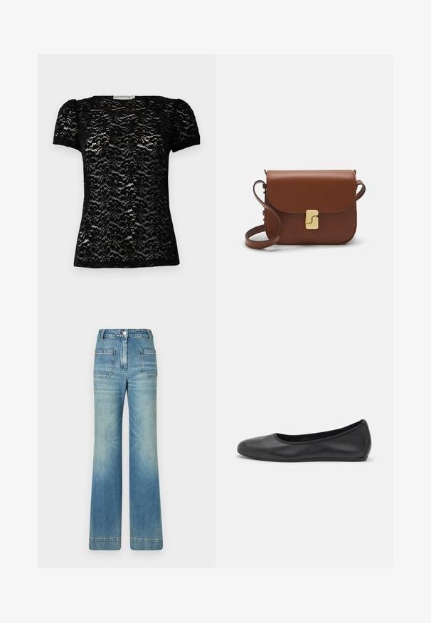 Juoda nėrinių trumpomis rankovėmis palaidinė su gėlių raštu, apvaliu iškirpimu ir šiek tiek pūstomis rankovėmis. Lygus tekstūra su prigludusia forma.; Šviesiai mėlynos džinsinės platėjančios kelnės su penkiomis kišenėmis, diržo kilpojais, mygtuko uždarymu ir šiek tiek nusidėvėjusia struktūra, su raudonu logotipo akcentu ant nugaros.; Juodai odiniai baletai su apvaliu pirštu, lygi texture, minimalus siuvimo detales ir lanksčiu padų dizainu.; Ruda odinė rankinė su uždaromu dangteliu, aukso spalvos detalėmis, petneša ir lygiu paviršiumi. Kompaktiška stačiakampio formos.