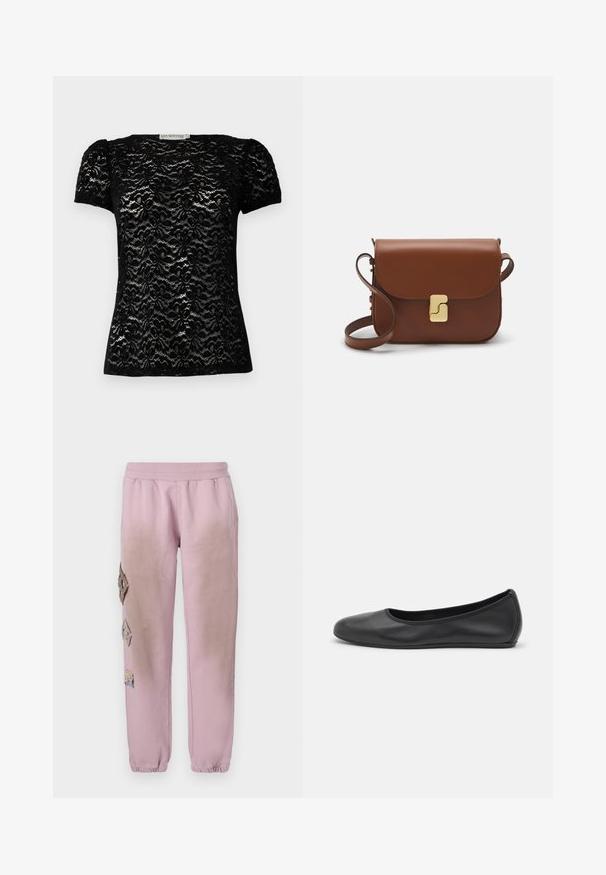 Juoda nėrinių trumpomis rankovėmis palaidinė su gėlių raštu, apvaliu iškirpimu ir šiek tiek pūstomis rankovėmis. Lygus tekstūra su prigludusia forma.; Rožinės sportinės kelnės su elastinga juosta, kairėje pusėje dekoruotos rombo formos aplikacijomis ir elastingais užkulniais.; Juodai odiniai baletai su apvaliu pirštu, lygi texture, minimalus siuvimo detales ir lanksčiu padų dizainu.; Ruda odinė rankinė su uždaromu dangteliu, aukso spalvos detalėmis, petneša ir lygiu paviršiumi. Kompaktiška stačiakampio formos.