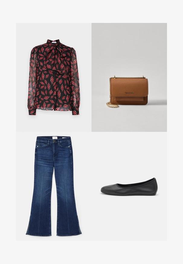 Hofmann Copenhagen NOLA - Košilová halenka - kiss me red; Tmavě modré zvonové džíny vyrobené z denimu. Mají vysoký pas, přední kapsy a rozparky na lemu. Klasický design s pěti kapsami.; Černé kožené baletní byty s kulatou špičkou, hladkou texturou, minimálními švy a flexibilním designem podrážky.; Hnědá texturovaná kožená kabelka přes rameno se zlatým řetízkovým popruhem a klopnovým uzavíráním. Přední strana obsahuje detail loga a kapsu pod klopou.