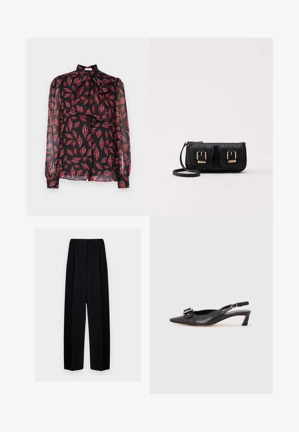 Hofmann Copenhagen NOLA czerwony; Czarne spodnie o szerokich nogawkach z wysokim stanem, z plisami i gładką teksturą. Materiał wydaje się lekki i elegancko się układa.; Czarne skórzane buty typu slingback z ostrym noskiem, małym obcasem i ozdobnym zapięciem na górze. Gładka faktura, minimalistyczny design.; Czarna skórzana torba na ramię z dwoma przednimi kieszeniami, złotymi klamrami, zamkiem błyskawicznym i cienkim paskiem. Teksturowana powierzchnia i kompaktowy prostokątny kształt.