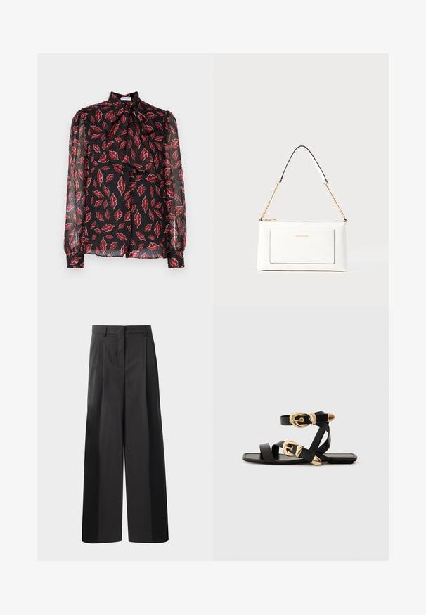 Hofmann Copenhagen NOLA - Button-down blouse - kiss me red; Black wide-leg trousers with a high waist, featuring front pleats, a smooth texture, and a tailored finish. Designed for a relaxed fit.; Black leather sandals with gold buckle accents, featuring multiple straps and a flat sole design for open-toe wear.; White leather handbag with a textured finish, featuring a gold chain strap and black accents. Includes a front pocket and zipper closure.