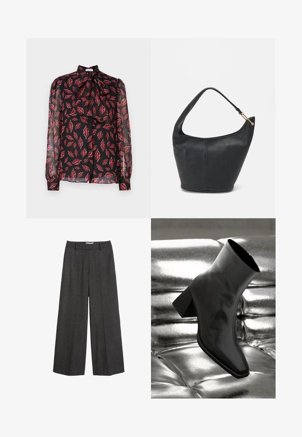Hofmann Copenhagen NOLA - Button-down blouse - kiss me red; Wide-leg trousers in dark gray fabric. Features a tailored waistband with belt loops, smooth texture, and minimal stitching accents.; Black ankle boot made of glossy material with a square toe and tapered heel, set against a shiny silver tufted background.; Black leather handbag with a rounded shape, a wide strap, and a textured finish. Features a subtle seam detail and a gold-tone hardware accent.