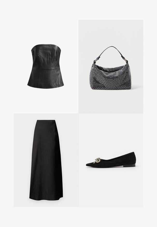 AllSaints IMAGO BODICE - Top - black; Black satin maxi skirt with a smooth texture, high-waisted design, flowing silhouette, and no visible patterns or hardware details.; Black suede flat shoe with a pointed toe, adorned with a decorative silver bow detail on the front, featuring a low heel.; Black and silver handbag with a woven, textured surface featuring square patterns, a single top handle, and a slouchy design.