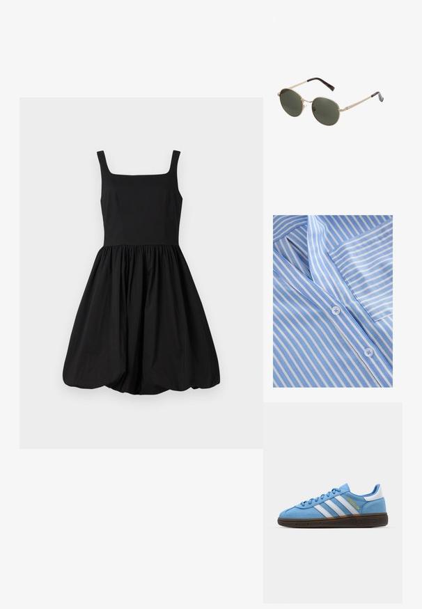 Gaiši zila un balta svītrainā auduma blūze ar V-veida kakla izgriezumu, pogu aizdari un krūšu kabatu. Gluda tekstūra un smalkas šuvju detaļas.; Melnas bezpiedurkņu kleitas ar kvadrātveida dekoltē, pieguļošu augšdaļu un sakrautām, izplestām svārkiem, kas beidzas ar noapaļotu apakšmalu. Gluda auduma.; Gaiši zili zamšveidīgi sporta apavi ar baltām ādas strīpām, brūnu teksturētu zoli un zelta logotipu. Zema modeļa dizains ar noapaļotu purngalu.; Rite saulesbrilles ar metāla zelta rāmjiem un tumši zaļiem objektīviem. Roku daļas ir ar bruņurupuča rakstu, kas piešķir papildu detaļas.