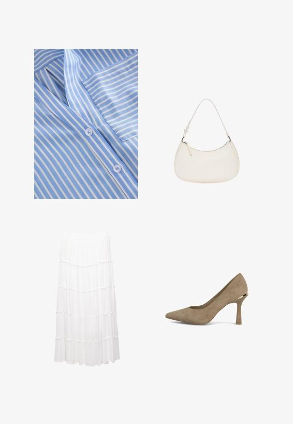 Ljust blått och vitt randigt tyg med V-ringning, knappstängning och bröstficka. Slät textur och fina sömsdetaljer.; Vit lagerkjol tillverkad av lättviktigt tyg, med ett elastiskt midjeband, volanglager och en flytande design som sträcker sig till mitten av vaden.; Beige mocka högklackad pumpsko med spetsig tå och en unik geometrisk klack. Slät yta med minimala sömnadsdetaljer.; Vit läderhandväska med en böjd form, justerbar rem och dragkedjestängning upptill. Slät textur med minimala hårdvarudetaljer.; Guldörhängen med en slät, rund form. Har en glansig yta och en säker låsmekanism. Djärv design med en sömlös kurva.
