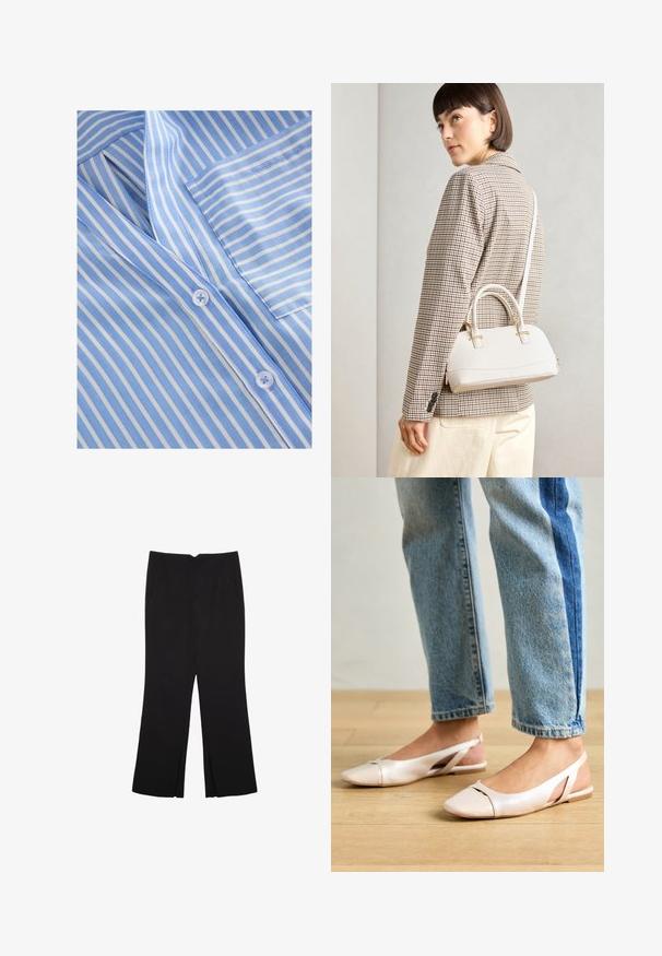 Lys blå og hvid stribet stof med V-hals, knaplukning og brystlomme. Glat tekstur og fine syninger.; Sorte bukser med lige pasform, der har frontlommer og slidser i kanten. Lavet af blødt, glat stof. Velegnet til forskellige anledninger.; Lyserøde slingback flade sko med spidse tær, lavet af et glat læderlignende materiale. Har udskæringsdetaljer på siderne og en flad hæl.; Hvid struktureret taske med korte håndtag og en skulderrem, prydet med guldfarvede hardwaredetaljer og tekstureret materiale, præsenteret mod en grå baggrund.