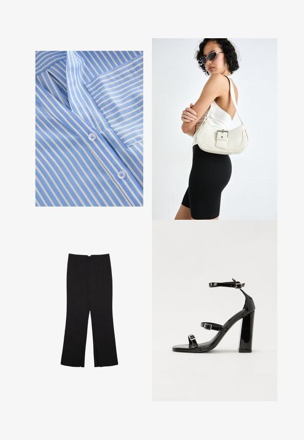 Hellblau und weiß gestreifter Stoff mit V-Ausschnitt, Knopfverschluss und einer Brusttasche. Glatte Textur und feine Nähte.; Schwarze Hose mit geradem Schnitt, ausgestattet mit Fronttaschen und Seitenschlitzen am Saum. Hergestellt aus weichem, glattem Stoff. Geeignet für verschiedene Anlässe.; Schwarze patentierte Sandalen mit Absatz, quadratischer Spitze, Knöchelriemen und silbernen Schnallen. Mit einem stabilen Blockabsatz für mehr Stabilität.; Weiße Lederhandtasche mit geschwungener Form, verstellbarem Tragegurt und einem kleinen Schnallendetail. Das Modell trägt ein enges schwarzes Outfit.