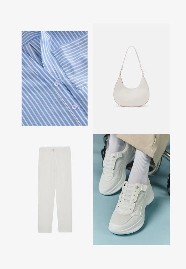 Tessuto a righe blu chiaro e bianco con scollatura a V, chiusura con bottoni e taschino sul petto. Texture liscia e dettagli di cucitura fine.; Pantaloni bianchi su misura con design a gamba dritta, dotati di chiusura a bottone, passanti per cintura e tasche laterali; tessuto morbido.; Sneaker bianchi realizzati in materiale a rete, suola in gomma, design senza lacci con bande elastiche e dettagli in tonalità oro.; Borsa a spalla in pelle crema con forma a mezzaluna, strap sottile e dettagli di cucitura delicati. Design minimalista con accenti in metallo dorato.