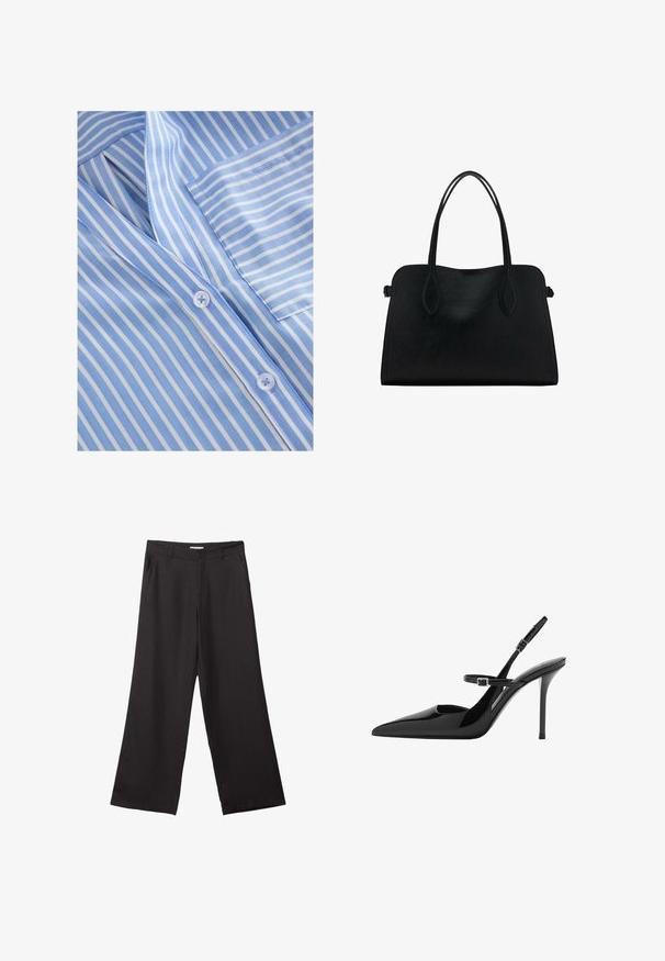 Light blue and white striped fabric with a V-neckline, button closure, and a chest pocket. Smooth texture and fine stitching details.; Black wide-leg trousers made of smooth fabric, featuring a front zipper and two side pockets, with a tailored fit and minimalistic design.; Black patent leather slingback high heels with a pointed toe, adjustable strap, and stiletto heel. Smooth surface with shiny finish.; Black leather handbag with dual shoulder straps, rectangular shape, and minimalistic design on a white background.