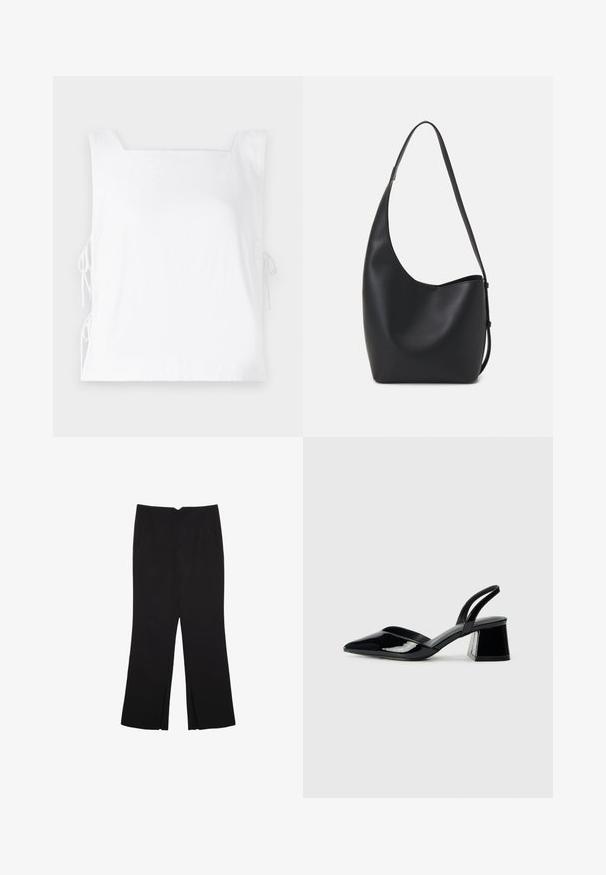 Haut sans manches blanc avec un décolleté carré, cordons sur les côtés pour un ajustement, et une texture de tissu lisse.; Pantalon noir avec une coupe droite, doté de poches avant et d'éclairs sur l'ourlet. Fabriqué en tissu doux et lisse. Convient à diverses occasions.; Escarpins en cuir verni noir avec bout pointu et talon bloc géométrique. Présente un design élégant et minimaliste ainsi qu'une texture lisse.; Sac hobo en cuir noir avec une texture lisse, une forme incurvée et une seule sangle réglable ; dispose d'une large ouverture en haut.
