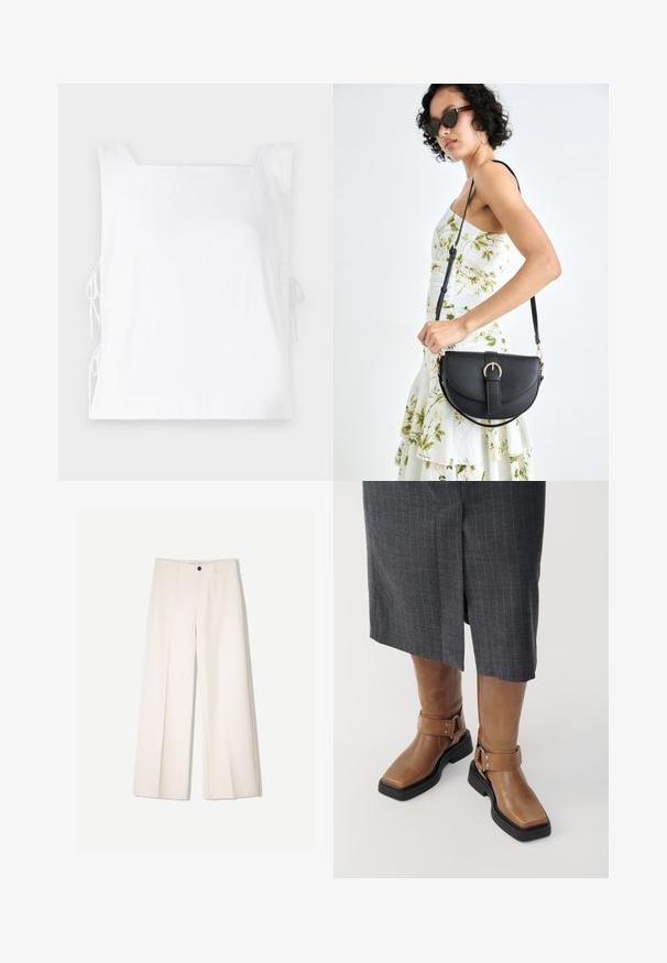 Bijela bezrukavna majica s kvadratnim izrezom, bočnim vezicama za prilagodbu i glatkom teksturom tkanine.; Kreme hlače širokih nogavica s krojem koji je prilagođen, s dva prednja džepa i jednim prednjim zatvaranjem na gumb, izrađene od glatkog materijala.; Smeđe kožne čizme do koljena s kvadratnim vrhom, crnim gumenim potplatom i detaljima s podesivom kopčom. U kombinaciji s sivoj suknji s prugama.; Crna kožna torba s lukovitim oblikom, odvojivim remenom i zlatnim detaljima. Torba ima preklop s kopčom.