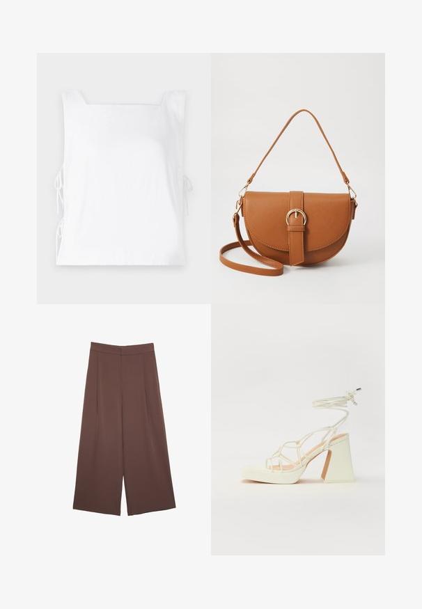 Weißes ärmelloses Oberteil mit quadratischem Ausschnitt, seitlichen Zugbändern zur Anpassung und einer glatten Stoffstruktur.; Braune Weite-Leg-Hosen mit einer glatten Textur, hoher Taille und Vorderfalten. Der Stoff ist leicht und fällt locker.; Weiße High-Heel-Sandale mit einem klobigen Absatz, die über ein Riemchendesign und ein Knöchelband verfügt. Glatte Textur mit einer Plattform vorne für zusätzliche Höhe.; Braune Leder-Crossbody-Tasche mit geschwungener Form, goldfarbenen Beschlägen und einer Schnallenakzentuierung. Verfügt über einen abnehmbaren Schultergurt.