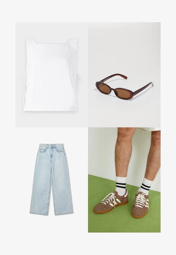 Top bianco senza maniche con scollatura quadrata, laccetti laterali per la regolazione e una texture del tessuto liscia.; Jeans in denim azzurro chiaro a gamba larga, con vita alta, design a cinque tasche e cuciture visibili lungo le cuciture.; Sneaker in suede marrone con dettagli e lacci bianchi. Suola in gomma color gomma. Indossati con calzini bianchi con righe nere. Pavimento verde texturizzato.; Occhiali da sole rotondi con tonalità marrone, montatura lucida color bordeaux. Aste sottili con un sottile dettaglio del marchio. Design delle lenti piatte.; Borsa a tracolla in pelle intrecciata marrone con una forma triangolare morbida. Presenta una maniglia intrecciata e una chiusura con zip lungo la parte superiore.