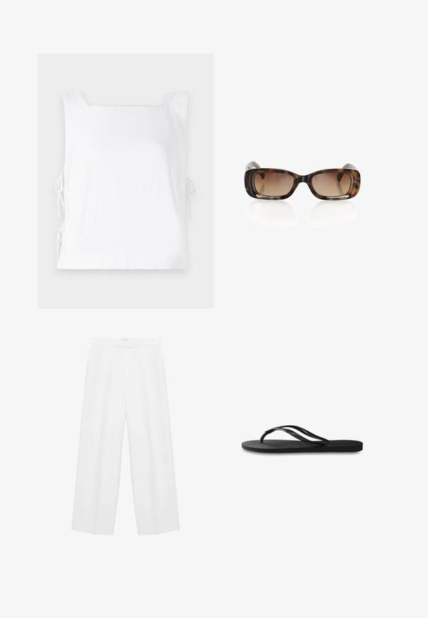 Top alb fără mâneci, cu un decolteu pătrat, șnururi laterale pentru ajustare și o textură de țesătură netedă.; Pantaloni albi cu croi larg, dintr-o textură fină, având un talie înaltă și două buzunare laterale. Design simplu, fără modele vizibile.; Încălțăminte tip flip-flop neagră cu o talpă din cauciuc texturat, două bretele subțiri și un detaliu discret, embosat cu logo pe bretea.; Ochelari de soare din țestoasă cu un design rectangular, lentile graduale de culoare maro închis, rame groase și colțuri rotunjite pentru confort.; Geantă de umăr neagră cu un design floral în nuanțe de albastru, roșu și verde. Are două mânere scurte și o curea de umăr detașabilă. Logo înfipt pe față.