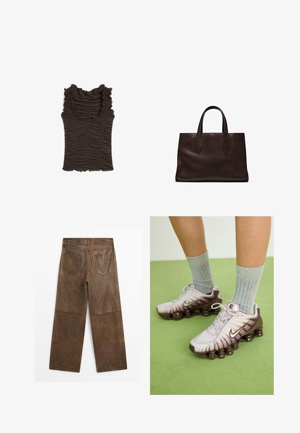 Braun ärmelloses Oberteil mit rüschigem Ausschnitt und gerafftem Stoff. Es hat eine taillierte Silhouette und eine strukturierte Oberfläche.; Braune Leder-Hosen mit weitem Bein, zwei Gesäßtaschen und sichtbaren Nähten, von hinten auf einem weißen Hintergrund gezeigt.; Nike Sneaker in Hellrosa und Braun mit einer strukturierten Oberseite, geschichtetem Design und dämpfender Außensohle mit sichtbaren Air-Elementen.; Braune Ledertasche mit zwei langen Griffen, strukturierte rechteckige Form, glatte Textur und dezente Nähdetails.