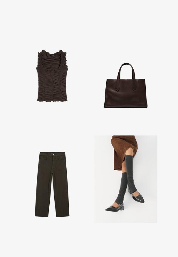Braun ärmelloses Oberteil mit rüschigem Ausschnitt und gerafftem Stoff. Es hat eine taillierte Silhouette und eine strukturierte Oberfläche.; Dunkelgrüne Jeans im weit geschnittenen Style, hergestellt aus einem Baumwollgemisch. Sie verfügen über einen Frontknopfverschluss, fünf Taschen und klassische Denim-Nähte.; Schwarze lacklederne spitze Schuhe mit Blockabsatz und Knöchelriemen, kombiniert mit grauen gerippten Beinstulpen und einem braunen Wildlederrock.; Braune Ledertasche mit zwei langen Griffen, strukturierte rechteckige Form, glatte Textur und dezente Nähdetails.