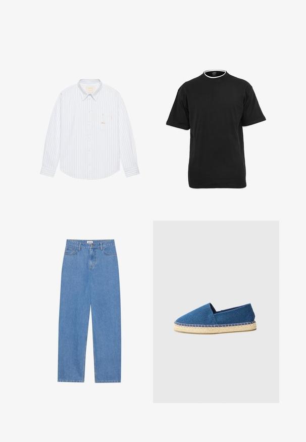 BLKVIS SCRIPT - Chemise - skyway; T-shirt en coton noir avec des manches courtes, un col rond et une bordure blanche contrastante le long du col et des bords des manches.; Jean en denim bleu clair avec une coupe droite, design à cinq poches, fermeture à un bouton et détails de couture subtils sur les coutures.; Espadrille en toile bleue avec un bout fermé, semelle en jute et bordure cousue. Tissu à texture lisse et design à profil bas.