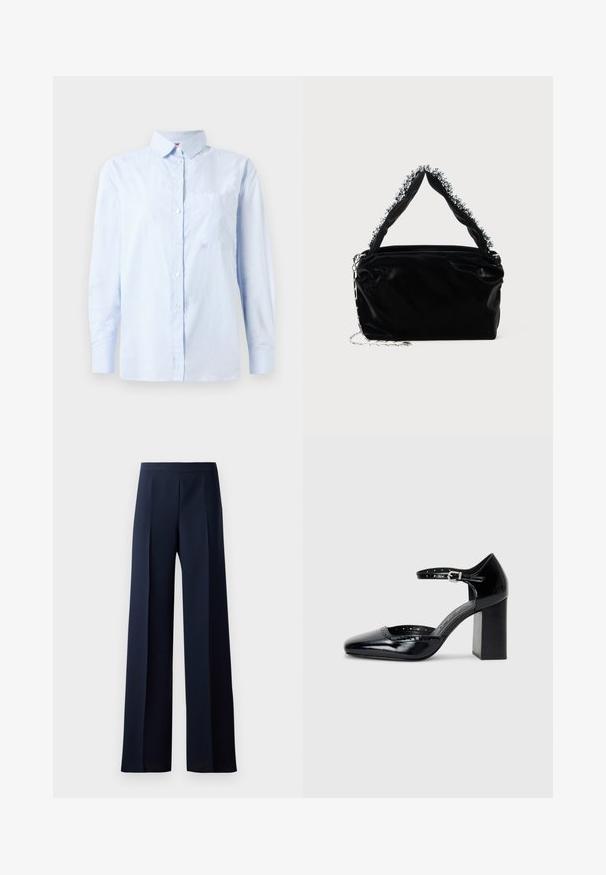 Ljusblå långärmad skjorta med knappar och subtila vertikala ränder samt en bröstficka, utställd mot en vit bakgrund.; Vidbenta byxor i mörk marinblått tyg, med en slät textur, subtila framveck och en figursydd midjeband för en strömlinjeformad silhuett.; Svarta lackläders högklackade skor med fyrkantig tå, ankelrem och kraftig klack. Inkluderar perforerad detaljering längs kanten.; Svart handväska i konstläder med en strukturerad yta, med en pärlbesatt silverdetalj längs det övre handtaget och ett kedjestropp.