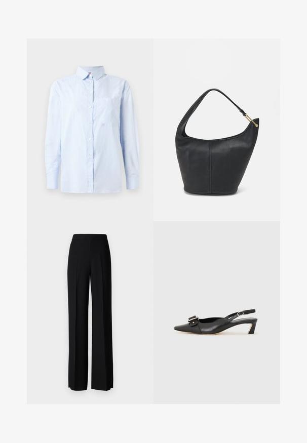 Himmelblaues Langarm-Hemd mit Knopfleiste, dezenten vertikalen Streifen und einer Brusttasche, vor einem weißen Hintergrund präsentiert.; Schwarze weite Hosen mit einer glatten Textur, ausgestattet mit einem hohen Bund und mittleren Falten. Keine sichtbaren Muster oder Hardware-Details.; Schwarzer Leder Slingback-Schuh mit spitzer Zehenform, kleinem Absatz und dekorativem Schnallen-Detail auf dem Obermaterial. Glatte Textur, minimalistisches Design.; Schwarze Lederhandtasche mit abgerundeter Form, breitem Tragegurt und strukturiertem Finish. Besitzt eine subtile Nahtdetails und einen Akzent aus goldfarbenem Metall.