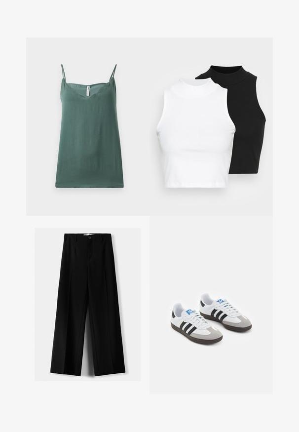 Zelený top bez rukávov s tenkými nastaviteľnými ramienkami, V-výstrihom, hladkou textúrou a uvoľneným strihom, vyrobený z ľahkej tkaniny.; Dve bezrukávové rebrované roláky v čiernej a bielej farbe, pričom majú priliehavý strih a hladkú textúru, s krátkou dĺžkou.; Čierne široké nohavice z ľahkého materiálu, s predným zapínaním na gombík a plochým predným dielom, s pekne ušitými lemami.; Športové topánky s bielym koženým zvrškom, šedou semišovou špičkou a tromi čiernymi pruhmi. Obsahujú modré logo na jazyku a štruktúrovanú gumovú podrážku.