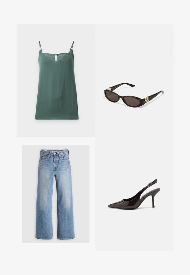 Grünes ärmelloses Top mit dünnen verstellbaren Trägern, einem V-Ausschnitt, glatter Textur und lockerer Passform, aus leichtem Stoff gefertigt.; Helleblaue Jeans mit weitem Bein und hoher Taille, mit ausgewaschenen Stellen, fünf Taschen und Kontrastnähten. Klassische Knopf- und Reißverschlussöffnung.; Slingback-Pumps aus glänzendem dunklen braunen Lackleder, mit spitzer Zehenpartie, offenen Seiten und verstellbarem Knöchelriemen.; Schildpatt-Sonnenbrille mit länglich-ovalen Gläsern, braunem Farbton, goldenen Logo-Akzenten an den Bügeln und schlanken schwarzen Bügeln.