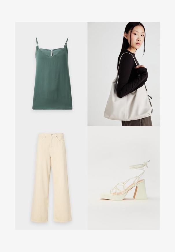 Zöld ujjatlan felső vékony állítható pántokkal, V-nyakkivágással, sima textúrával és laza szabással, könnyű anyagból készült.; Bézs, széles lábú farmernadrág, pamutból készült. Gombos záródással, övhurkokkal és elülső zsebekkel rendelkezik, sima, puha tapintással.; Fehér, magassarkú szandál vastag sarokkal, pántos dizájnnal és bokapánttal. Sima textúra, elülső platformmal a megnövelt magasság érdekében.; Puha anyagból készült bézs kézitáska, laza dizájnnal, varrott részletekkel és két vállpánttal. Mindennapi használatra alkalmas.