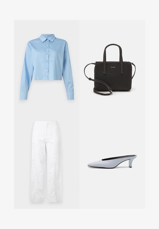 Light blue cropped button-up shirt with a collar, long sleeves, and matching buttons, made from smooth cotton fabric.; White wide-leg trousers made of lightweight fabric, featuring a smooth texture, clean lines, and a high waist design.; Light blue patent leather mule with a pointed toe, low transparent heel, and a sleek design featuring a cut-out at the vamp.; Black handbag with dual short handles and a removable shoulder strap. Smooth leather-like material with a zip closure and logo detail.