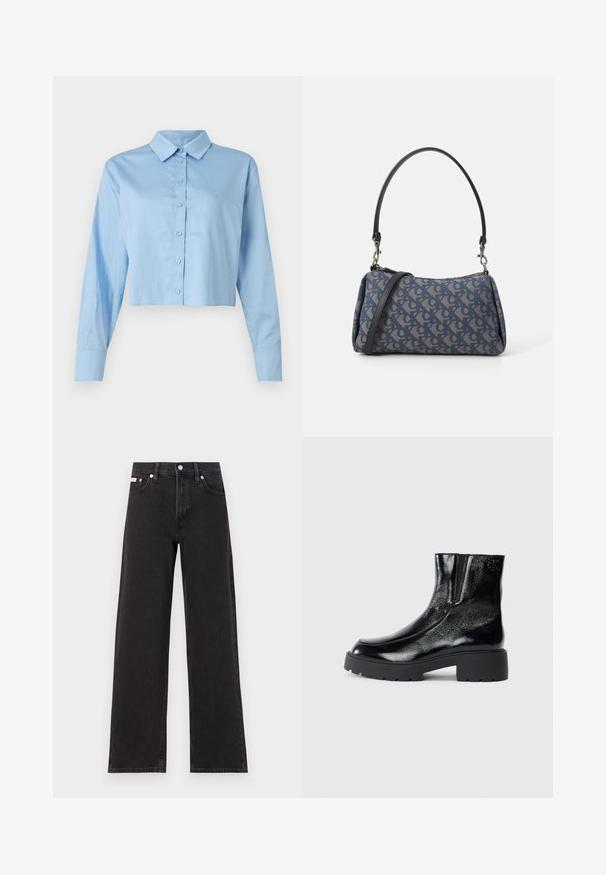 Light blue cropped button-up shirt with a collar, long sleeves, and matching buttons, made from smooth cotton fabric.; Black wide-leg jeans made of denim, featuring a high-rise waist, five-pocket styling, and a metal button closure with contrasting stitching.; Black ankle boots with a glossy patent leather finish, chunky black rubber sole, and raised heel; includes subtle logo detail on the side.; Blue patterned handbag made of fabric, featuring a curved shape, black leather strap, and logo design in a lighter shade.