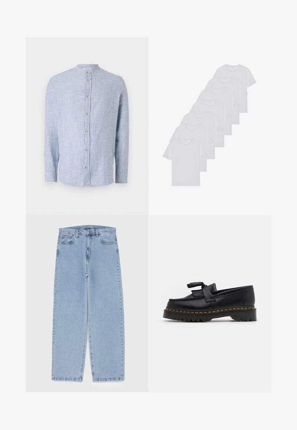 Modra in bela prugasta majica z band ovratnikom, dolgimi rokavi, zapiranjem na gumbe spredaj in subtilno-horizontalno teksturo. Ima zlate gumbe.; Beli bombažni T-majici, kratki rokavi, krožni izrez, enostavna tekstura, zloženi v vrsto, s subtilnim logotipom na vratu.; Svijetloplave traperice s ravnim nogavicama, srednjeg struka, pet džepova te zatvaranjem na gumb i munju.; Črne usnjene loafersice s kaširanim naglasom, z debelim črnim podplatom in rumenim šivom ob robu. Teksturirana površina.
