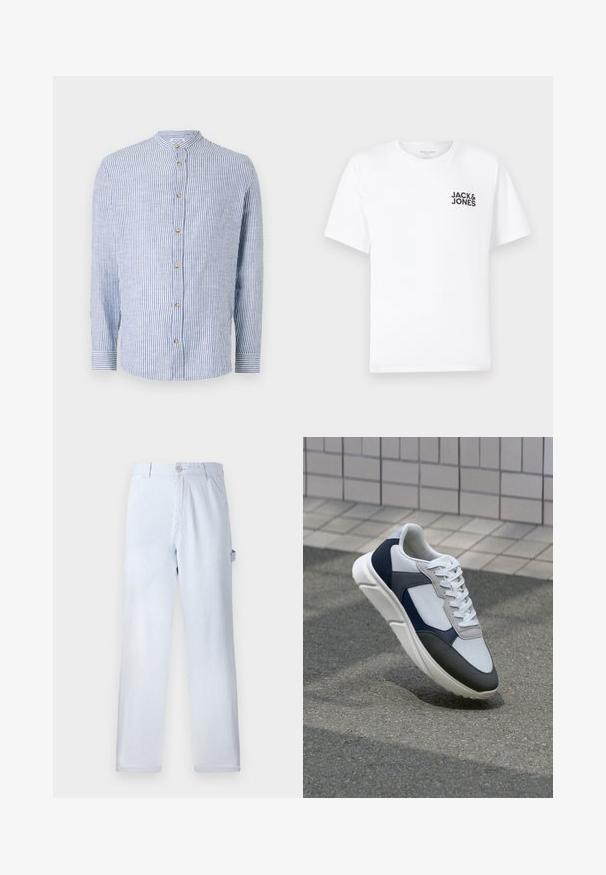 Blauw-wit gestreepte shirt met een bandkraag, lange mouwen, knoopsluiting aan de voorkant en subtiele horizontale textuur. Voorzien van gouden knopen.; Witte katoenen t-shirt, korte mouwen, ronde hals. Kenmerkt zich door het zwarte tekstlogo "JACK & JONES" op de linkerkant van de borst. Eenvoudig, strak ontwerp.; Lichtblauwe gestreepte broek van katoen. Rechtaf hangend ontwerp, met een voorknopsluiting en zijzakken. Zachte textuur.; Witte, marineblauwe en grijze sneaker met een gemengde materiaald ontwerp, met een gestructureerde bovenkant, platte veters en een gevoerde zool.