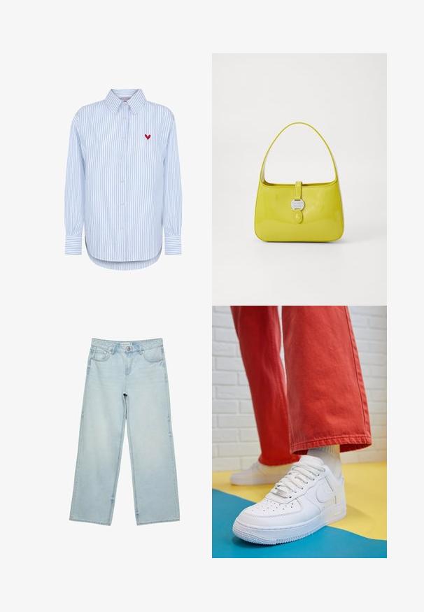 Camicia a maniche lunghe a righe blu e bianche in cotone, con chiusura a bottoni e ricamo a forma di cuore rosso sul lato sinistro del petto.; Jeans a gamba larga di un blu chiaro in denim, con vita alta, cinque tasche e un leggero sbiadimento. Taglio dritto con bordi orlati.; Sneaker bianco in pelle con punta perforata, suola testurizzata e lacci bianchi, abbinati a pantaloni rossi larghi e uno sfondo blu e giallo.; Borsa a mano in pelle verniciata gialla, con una forma strutturata, un manico superiore e una chiusura frontale a scatto con un accento in metallo circolare con logo.
