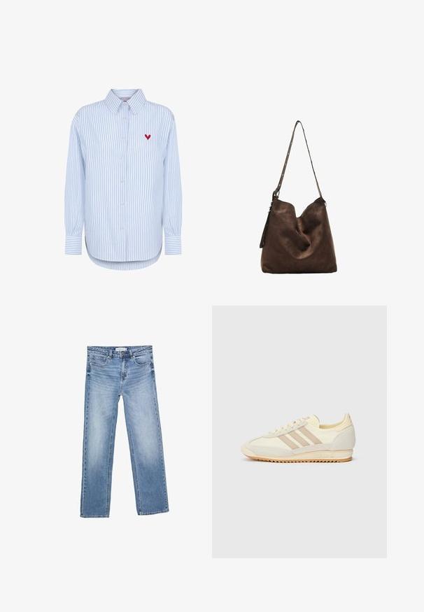 Blue and white striped long-sleeve shirt made of cotton, featuring a button closure and red heart embroidery on the left chest.; Straight-leg blue denim jeans, featuring a faded wash, five pockets, and a classic button fly. Cotton material with noticeable stitching.; Cream athletic sneaker featuring three beige stripes, suede and textile materials, a textured sole, and embossed branding on the heel.; Brown suede hobo bag with a curved top, a long strap with dot accents, and a soft texture. Features slouchy design for casual use.