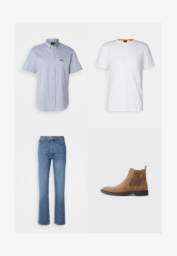 Šviesiai mėlynos spalvos trumpųjų rankovių marškiniai su audinio raštu, featuring juodą išsiuvinėtą "BOSS" logotipą ant krūtinės.; Balta medvilnė marškinėliai su apvalia iškirpte, trumpomis rankovėmis ir subtiliu iškilniu logotipu ant krūtinės. Viduje esantis etiketas turi oranžinį akcentą.; Mėlyni džinsai su aukštu liemeniu, tiesaus kirpimo dizainu ir subtiliu išblukimu. Turi klasikinį penkių kišenių stilių ir užtrauktuko uždarymą.; Rudos zomšos Chelsea batojai su elastinėmis šoninėmis juostelėmis ir vilkimo kilpomis. Savybės: apvalus pirštas ir plokščias guminis padas stabilumui.