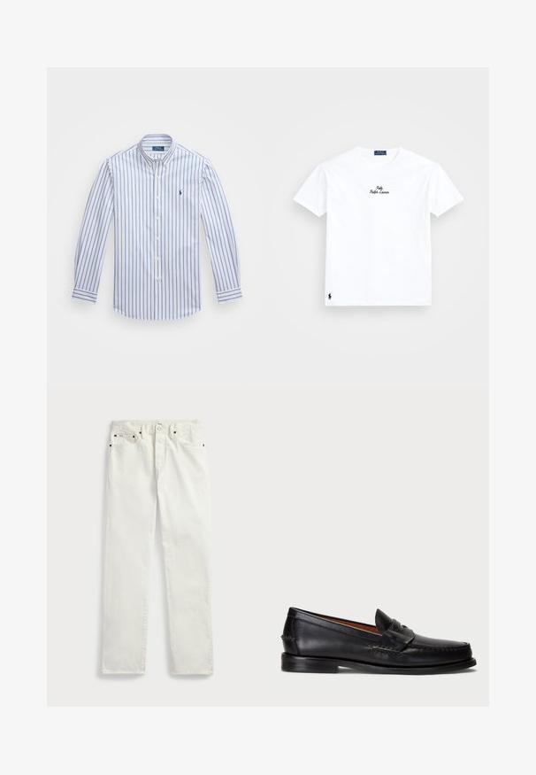Button-down shirt in cotton, featuring vertical blue and white stripes, long sleeves, and a small embroidered logo on the chest.; White cotton t-shirt with crew neck, short sleeves, black embroidered "Polo Ralph Lauren" logo on chest, and small black logo on hem.; White denim jeans with a straight cut, featuring five pockets, metal buttons, and stitching accents along the seams. Smooth texture.; Black leather loafer with a rounded toe, stitched detailing, and a decorative strap across the front. Flat sole with minimal profile.