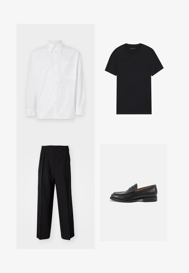 Bela srajca z dolgimi rokavi iz bombaža. Ima klasičen ovratnik, sprednje zapiranje na gumb in eno žep na levi strani.; Črna bombažna majica s kratkimi rokavi in okroglim ovratnikom. Tkanina ima gladko teksturo in enostaven, enobarven dizajn.; Črne nabirane hlače s ravnim, širokim krojem. Narejene so iz gladkega materiala in imajo zadrgo ter pasne zanke.; Črne usnjene loafers cipele z gladko površino, zaobljenim nosom in dekorativnim šivom na vampu. Nizek zloženi peti in rahla sijaj.