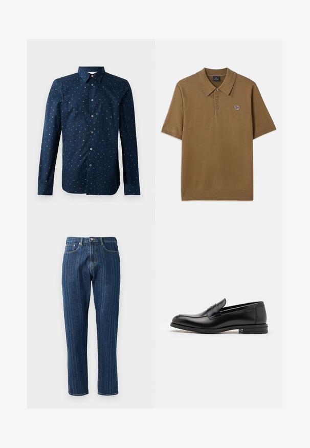 Camisa de botones azul marino con un estampado de letras colorido, de manga larga y con un cuello clásico, de corte regular y textura suave.; Polo marrón hecho de una tela suave con cuello de solapa, tres botones y un pequeño logo de caballo a rayas multicolores en el pecho.; Vaqueros de denim azul oscuro con pierna recta, costuras visibles, diseño de cinco bolsillos y cierre de botón en la cintura.; Mocasines de cuero negro con una textura suave, puntera redondeada y una tira decorativa en el empeine. Tacón bajo apilado, diseño minimalista.