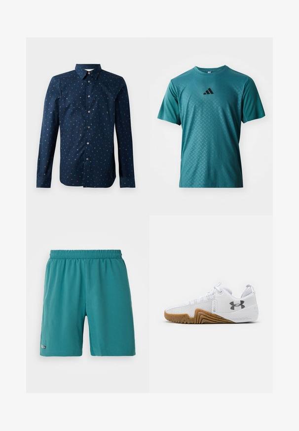 Granatowa koszula z guzikami, z kolorowym wzorem liter, długimi rękawami i klasycznym kołnierzykiem, o regularnym kroju i gładkiej strukturze.; adidas Performance - Koszulka sportowa; Turkusowe sportowe szorty z elastycznym pasem, z małą metką "Climacool" blisko brzegu na lewej nodze, wyeksponowane na białym tle.; Białe buty sportowe z siateczkową cholewką, gumową podeszwą w kolorze gumy, teksturowanymi akcentami oraz czarnym logo z boku.