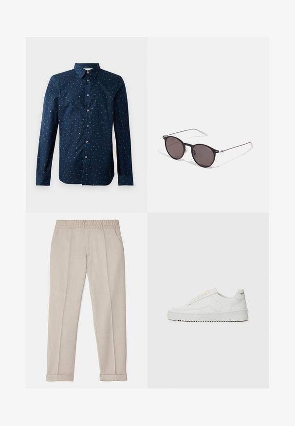 Navy button-up shirt featuring a colorful letter-pattern print, long sleeves, and a classic collar with regular fit and smooth texture.; Filippa K TERRY CROPPED TROUSERS - Trousers - sage melange; White leather sneaker with a smooth finish, round toe, flat laces, and a textured sole. Features a subtle logo on the heel.; Black round sunglasses with dark lenses and slim metal arms. Includes clear temple tips and silver accents at the hinge. Minimalist design.