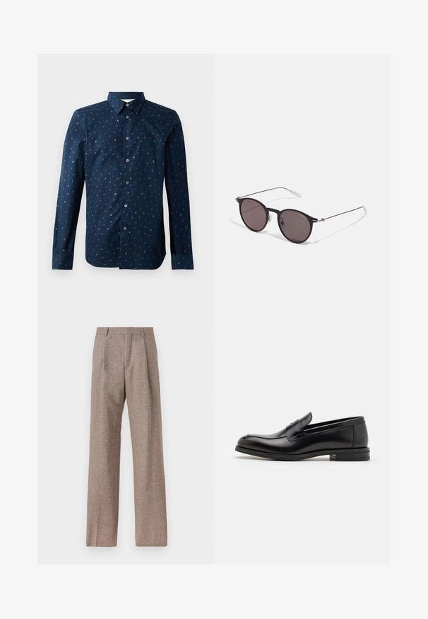 Tumes sinine nööbiga särgiga, mis on kaunistatud värvikireva tähe-mustriga, pikad varrukad ja klassikaline krae, regulaarne lõige ja sile tekstuur.; Prunnid, kõrge vöökohaga püksid, mis on valmistatud tekstureeritud kangast. Omavad laiu jalgu ja kahte eesmist voldikut struktuuri jaoks. Korralik viimistlus, ilma nähtava riistvarata.; Mustad mustad nahast loafers sileda tekstuuriga, ümarat ninaosa ja dekoratiivne riba vampi üle. Madal kihiline konts, minimalistlik disain.; Mustad mustad prillid tumedate läätsedega ja õhukeste metallist käepidemetega. Kaarja kujuga seljaosa ja hõbedased aktsendid hingel. Minimalistlik disain.