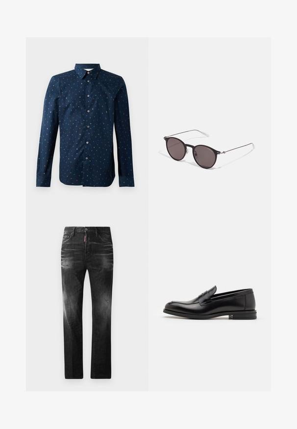 Mörkblå skjorta med knappar som har ett färgglatt bokstavstryck, långa ärmar och en klassisk krage med normal passform och slät textur.; Svarta denimjeans med rak passform. Har blekta områden, mindre slitningar, klassisk femficksdesign och knäppning med knapp.; Svarta läderloafers med en slät yta, rund tå och ett dekorativt band över främre delen. Låg staplad klack, minimalistisk design.; Svarta runda solglasögon med mörka linser och smala metallarmar. Inkluderar klara tempeltips och silverdetaljer vid gångjärnet. Minimalistisk design.