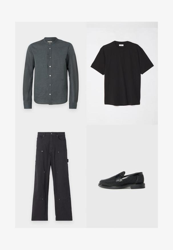 Dark gray long-sleeve shirt made of a textured fabric. Features a band collar, front button closure, and subtle logo detail on the chest.; Black cotton t-shirt with a crew neck, short sleeves, and a relaxed fit. Simple design, smooth texture, and no visible patterns or logos.; Black cargo pants made from durable fabric with a straight leg design, featuring front pockets, snap buttons, and side utility pockets.; Black woven slip-on shoe with a smooth leather accent on the upper, a round toe design, and a low-profile rubber sole.