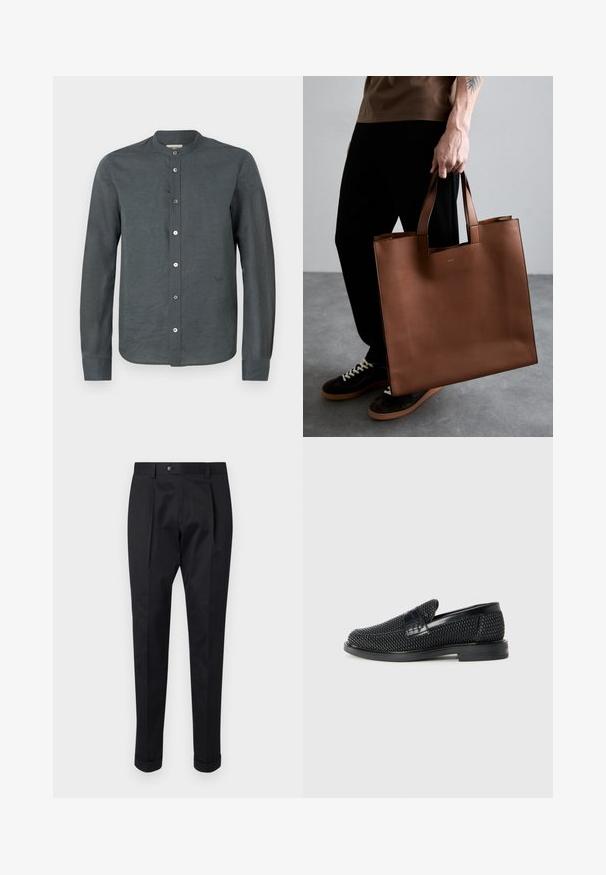 Tamsiai pilkas ilgomis rankovėmis marškinėliai, pagaminti iš tekstūruoto audinio. Yra juostos tipo apykaklė, priekinis mygtukų užsegimas ir subtilus logotipo akcentas ant krūtinės.; Juodos kelnės pagamintos iš lygaus audinio, su raukšle priekyje, mygtuko uždarymu ir suknežintomis rankovėmis ties kulkšnimi.; Juodas pintas slip-on tipo batelis su lygiu odiniu akcentu viršuje, apvalios nosies dizainas ir žemas guminis padas.; Ruda odinė rankinė su minimalistišku dizainu, stačiakampio formos ir trumpomis rankenomis. Priekyje yra subtilus logotipas.