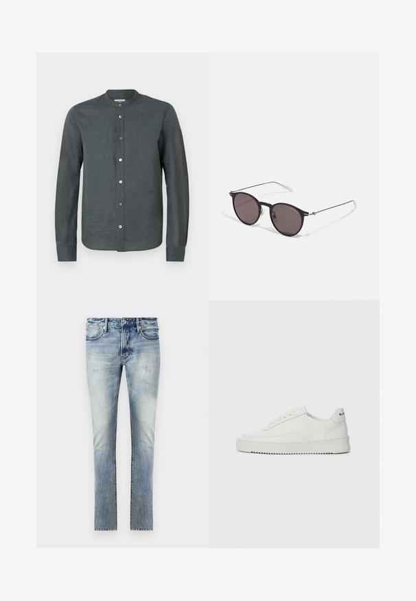 Donkergrijze lange mouwen shirt gemaakt van een gestructureerde stof. Kenmerken zijn een bandkraag, een sluiting met knopen aan de voorkant en een subtiele logodetail op de borst.; Lichtblauwe denim jeans met een vervaagde afwerking, slim fit ontwerp, vijf zakken en contrasterende stiksels bij de naden.; Witte leren sneaker met een gladde afwerking, ronde neus, platte veters en een gestructureerde zool. Kenmerkt zich door een subtiel logo op de hiel.; Zwarte ronde zonnebril met donkere lenzen en slanke metalen armen. Inclusief heldere tempelpunten en zilveren accenten bij de scharnier. Minimalistisch ontwerp.