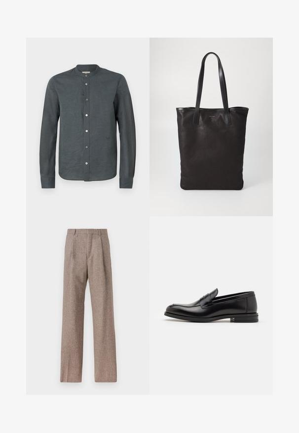 Dunkelgraues Langarmshirt aus einem strukturierten Stoff. Es verfügt über einen Stehkragen, eine durchgehende Knopfleiste und ein dezentes Logo-Detail auf der Brust.; Braune, hochtaillierte Hose aus strukturiertem Stoff. Mit weitem Bein und zwei vorderen Bügelfalten für zusätzliche Form. Saubere Verarbeitung ohne sichtbare Hardware.; Schwarze Lederloafers mit glatter Textur, rundem Zehenbereich und einem dekorativen Riemen über dem Vorderfuß. Niedriger, gestapelter Absatz, minimalistisches Design.; Schwarze Stofftote mit schwarzen Ledergriffen. Einfaches Design, geräumiger Körper und glatte Textur. Keine sichtbaren Logos oder Muster.