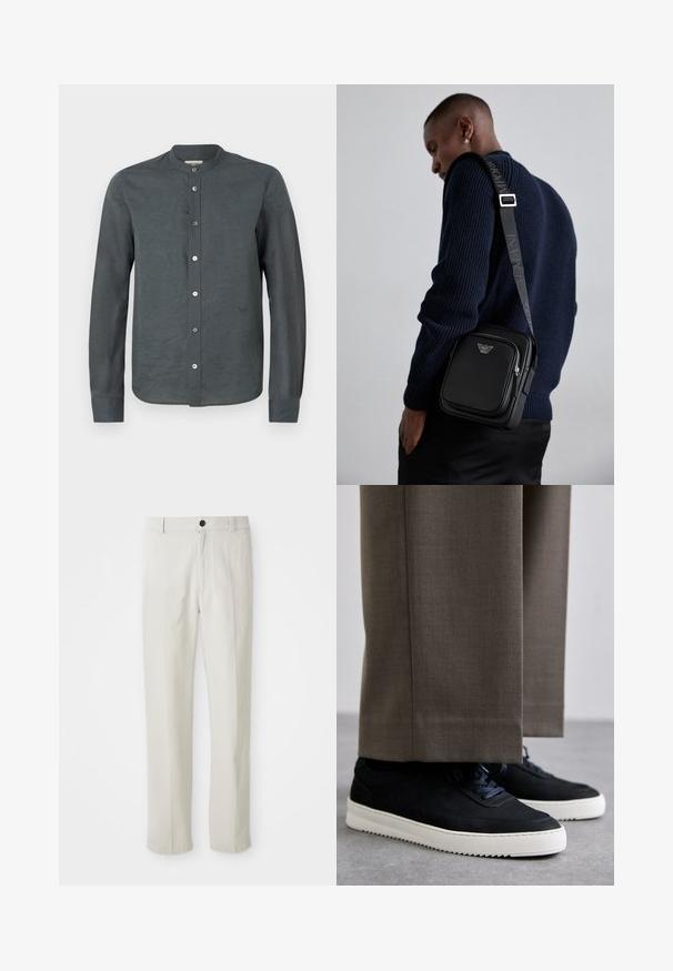 Tmavošedá košeľa s dlhým rukávom vyrobená z textúrovaného materiálu. Má stojatý golier, zapínanie na gombíky vpredu a nenápadný detail loga na hrudi.; Béžové nohavice s rovnými nohavicami, so slučkami na opasok, predným gombíkom a zipsovým zapínaním, vystavené na bielom pozadí.; Čierne semišové tenisky s bielymi gumovými podrážkami, s okrúhlym prstom a šnúrkami, nosené s šedými vypracovanými nohavicami.; Čierna kožená kabelka cez telo s uzatvárateľnou priehradkou, detailom loga a nastaviteľným popruhom s nápisom značky. Nosená proti textúrovanej námorníckej svetri.